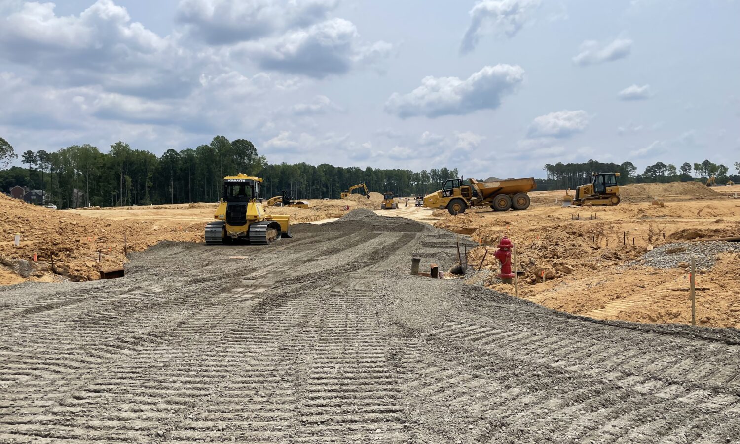 Heavy machinery builds gravel road under partly cloudy sky.
