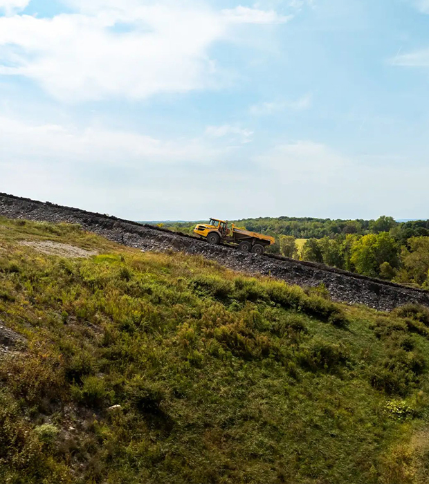 Yellow bulldozer pushes dirt; operator visible, flowers blurred.